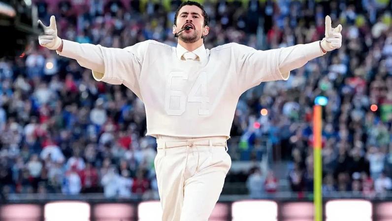 SANTA CLARA, CALIFORNIA - FEBRUARY 08: Musician Bad Bunny performs during the Apple Music halftime show at the NFL Super Bowl LX football game between the Seattle Seahawks and New England Patriots at Levi Stadium on February 8, 2026 in Santa Clara, California. (Photo by Todd Rosenberg/Getty Images)