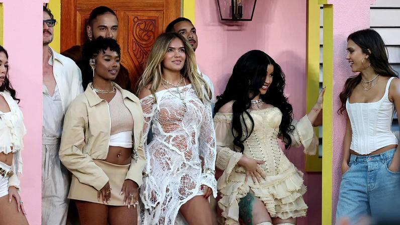 SANTA CLARA, CALIFORNIA - FEBRUARY 08: (L-R) Pedro Pascal, Karol G, Cardi B and Jessica Alba perform onstage during the Apple Music Super Bowl LX Halftime Show at Levi's Stadium on February 08, 2026 in Santa Clara, California. (Photo by Chris Graythen/Getty Images)