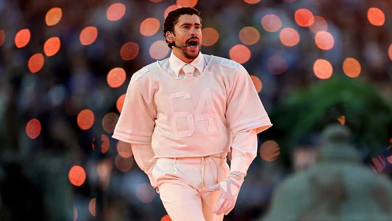 SANTA CLARA, CA - FEBRUARY 08: Bad Bunny performs the halftime show during the Seattle Seahawks versus the New England Patriots Super Bowl LX game on February 8, 2026, at Levi's Stadium in Santa Clara, CA. (Photo by Bob Kupbens/Icon Sportswire via Getty Images)