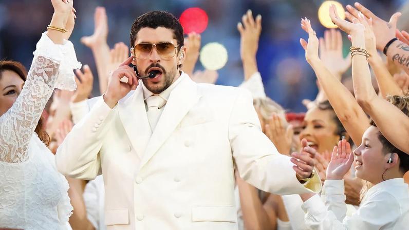 Bad Bunny performs during the Halftime Show of Super Bowl LX between the Seattle Seahawks and New England Patriots in Santa Clara, Calif. on Sunday, Feb. 8, 2026. (Photo by Carlos Avila Gonzalez/San Francisco Chronicle via Getty Images)