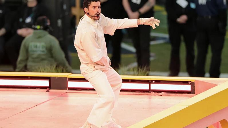 SANTA CLARA, CALIFORNIA - FEBRUARY 08: Bad Bunny performs onstage during the Apple Music Super Bowl LX Halftime Show at Levi's Stadium on February 08, 2026 in Santa Clara, California. (Photo by Neilson Barnard/Getty Images)