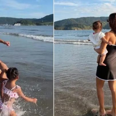 Filhas de Neymar e Bruna Biancardi usam looks idênticos na praia