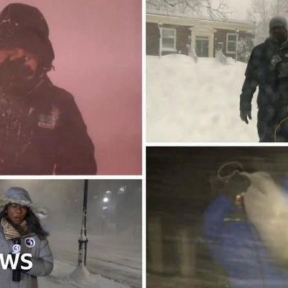 Repórteres da TV dos EUA enfrentam neve durante grande tempestade no leste