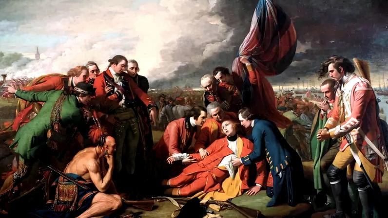 A painting shows soldiers in red coats gathered around a fallen general on a battlefield. A shirtless Indigenous man kneels at left, his chin resting on his hand as he watches. A British flag is behind the scene with more figures engaged in a battle and ships on the horizon.