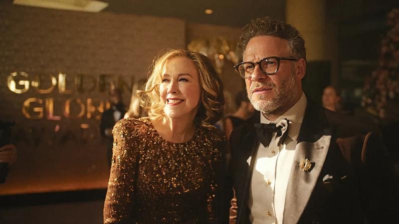 Catherine O’Hara and Seth Rogen in “The Studio.” The show pulled out of a planned press day, following her death at 71 on Friday.