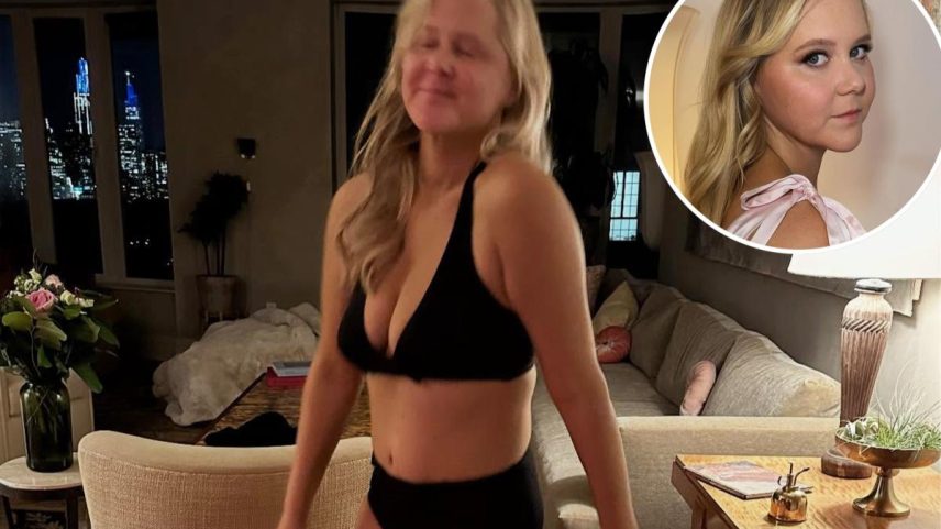Amy Schumer in a light pink dress.