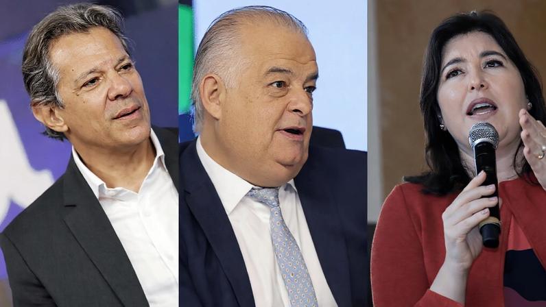 Da esquerda para a direita: Os ministros Fernando Haddad (Fazenda), Márcio França (Empreendedorismo) e Simone Tebet (Planejamento)