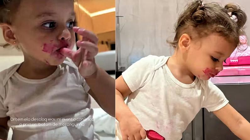 Helena brincando com batom de morango — Foto: Reprodução/Instagram