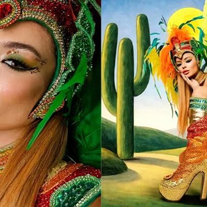 Bia Michelle, musa do Salgueiro, usa fantasia de R$100 mil inspirada em Abaporu