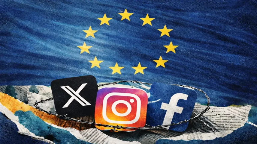 União Europeia, com apoio de seus países membros, criou nos últimos anos diversas regras para controlar as plataformas digitais no continente. (Foto: IMAGEM CRIADA UTILIZANDO O CHATGPT/GAZETA DO POVO )