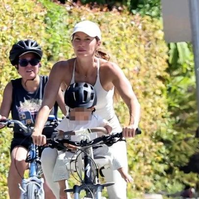 Gisele Bundchen faz passeio de bicicleta à tarde com o filho em Miami