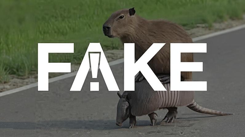 É #FAKE que vídeo mostre capivara pegando 'carona' em cima de tatu; cena foi criada com IA — Foto: Reprodução