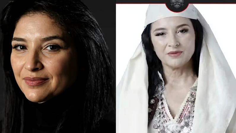 Atriz Anila Bisha e Diella (IA que é ministra da Albânia) — Foto: Reprodução/Instagram; Reprodução/Site do Gabinete do Primeiro-Ministro