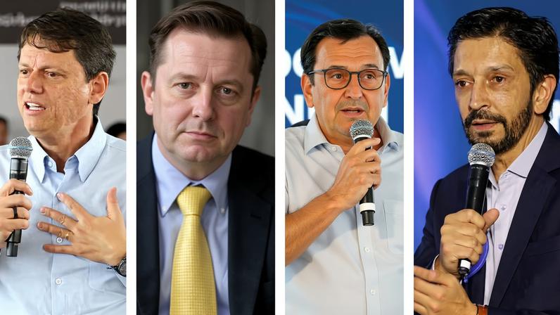 O governador Tarcísio e os pleiteantes à vaga de vice: Gilberto Kassab (PSD), André do Prado (PL), Felício Ramuth (PSD) e Ricardo Nunes (MDB). — Foto: Montagem/g1/Reprodução/GESP/Divulgação/Redes Sociais