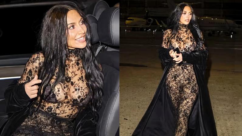 Kim Kardashian usa look transparente para suposto encontro com Lewis Hamilton — Foto: Grosby Group