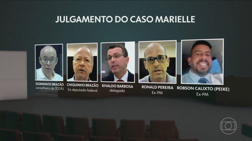 STF começa a julgar os 5 réus acusados de ordenar o assassinato da vereadora Marielle Franco e do motorista Anderson Gomes — Foto: Jornal Nacional/ Reprodução