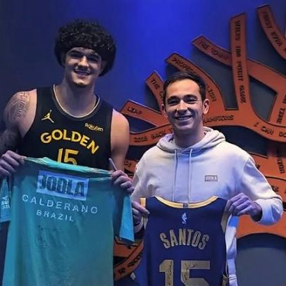 Calderano e Gui Santos trocam camisas durante noite de NBA