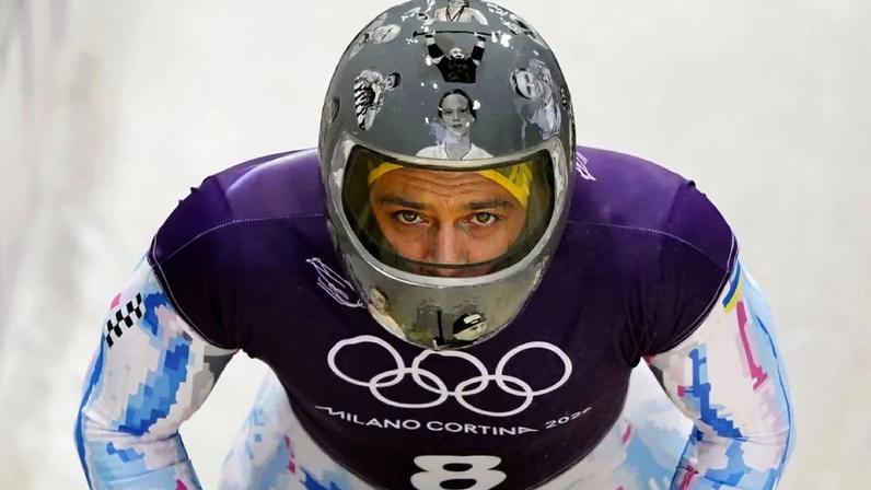 Vladyslav Heraskevych wearing the 'memory helmet'.