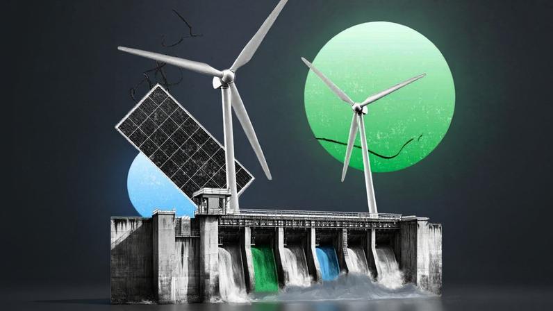 hidrelétrica, painéis solares e usina eólica
