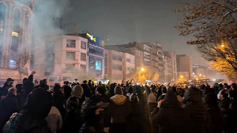 Iranian protesters gathering on Enghelab (Revolution) Street during a demonstration in Tehran, Iran, on January 8, 2026.