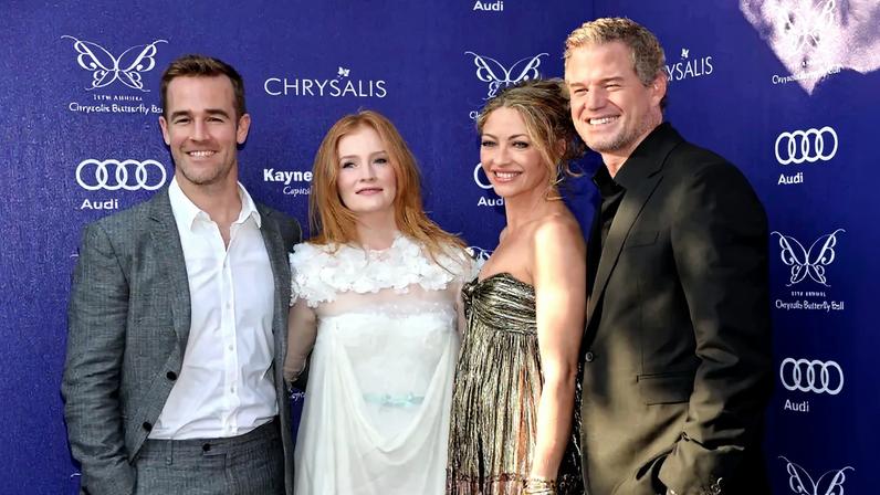 James Van Der Beek’s widow, Kimberly Van Der Beek (pictured above posing with Eric Dane and his wife, Rebecca Gayheart, on the Chrysalis Butterfly Ball red carpet in 2014) reacted to Eric Dane’s death with an emotional tribute on Saturday.