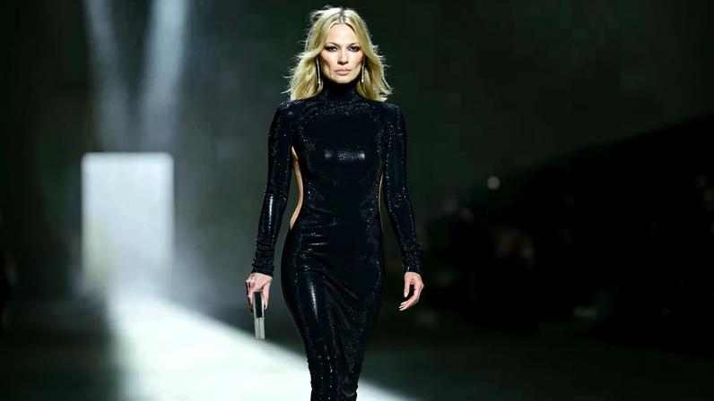Kate Moss walked Gucci’s runway show in Milan in a gown cut low down the sides to reveal a whale-tail thong.