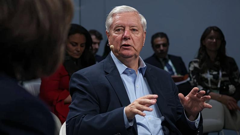 Lindsey Graham, dressed in a navy blue suit jacket and light blue dress shirt, speaks while seated in a chair facing Christiane Amanpour, whose hair and shoulder are seen in the side of the frame.