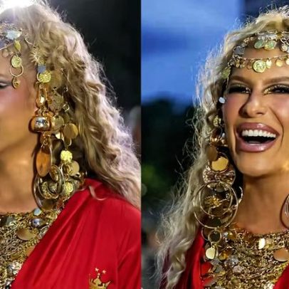 Grávida Lore Improta aposta em look dourado em ensaio técnico da Viradouro na Sapucaí