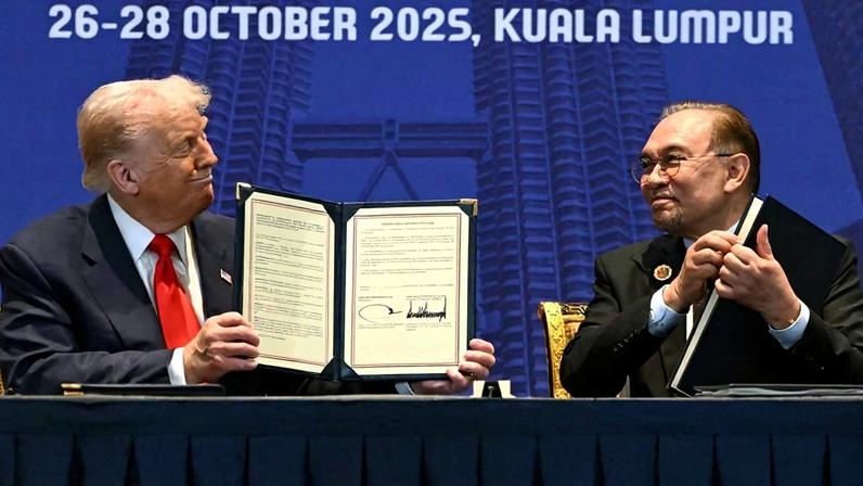 U.S. President Donald Trump and Malaysian Prime Minister Anwar Ibrahim hold a bilateral meeting at the ASEAN summit in Kuala Lumpur, Malaysia, on Oct. 26, 2025.