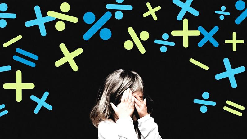 A sad child with several math symbols
