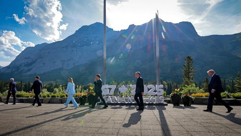 From left to right: European Union Council President António Costa, Japanese Prime Minister Shigeru Ishiba, Italian Prime Minister Giorgia Meloni, French President Emmanuel Macron, Canadian Prime Minister Mark Carney, and U.S. President Donald Trump arrive for a group photo at the G-7 summit in Canada on June 16, 2025.