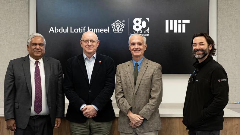 Provost Anantha Chandrakasan joined (from left) Bruce Currie from JIMCO Life Sciences and MIT professors Jim Collins and Alex Shalek for a research agreement signing ceremony.