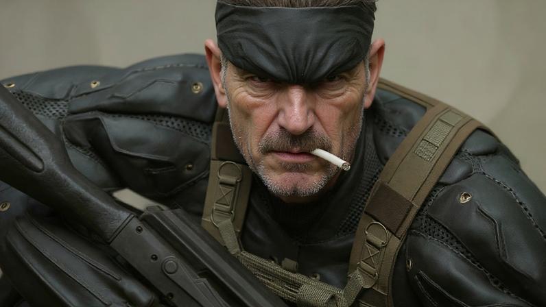 Solid Snake smokes a cigarette.