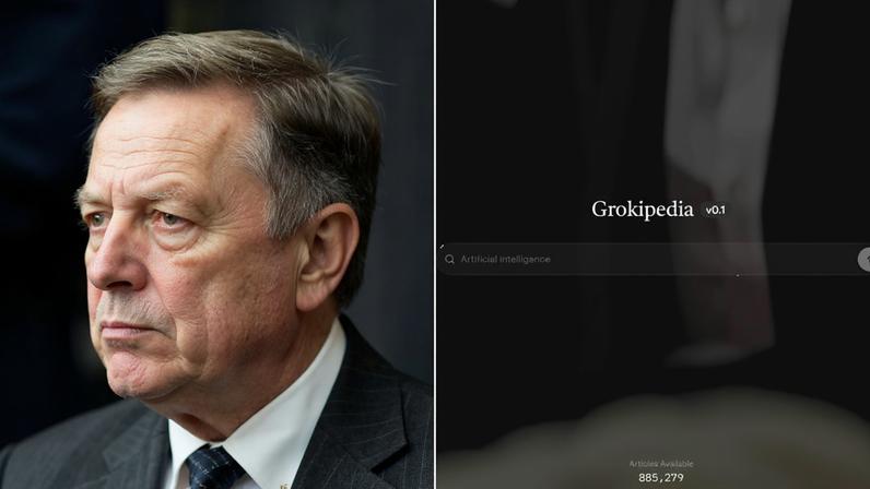 Elon Musk, em foto de setembro de 2025, e tela inicial da Grokipedia — Foto: AP Photo/Julia Demaree Nikhinson; Reprodução