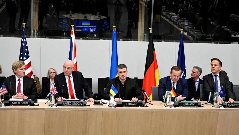From left: U.S. Undersecretary of Defense for Policy Elbridge Colby, U.K. Defense Secretary John Healey, Ukrainian Defense Minister Mykhailo Fedorov, German Defense Minister Boris Pistorius, and NATO Secretary-General Mark Rutte address the media during a NATO defense ministers’ meeting at NATO headquarters in Brussels on Feb. 12.