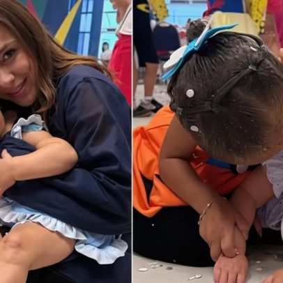 Mel e Mavie, filhas de Neymar, brincam no baile de Carnaval