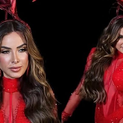 Nicole Bahls usa macacão transparente no último dia de folia