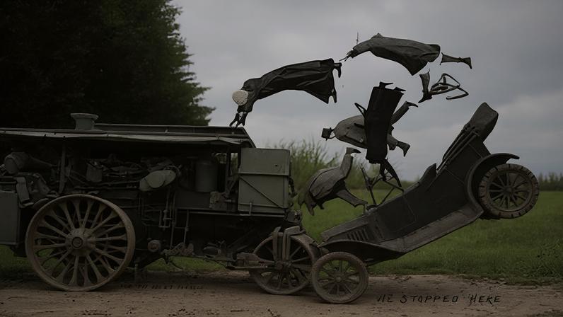 Black-and-white vintage photo montage of two vehicles colliding and appearing to be thrown upwards out of of the car (Credit: Courtesy of the Rijksmuseum)