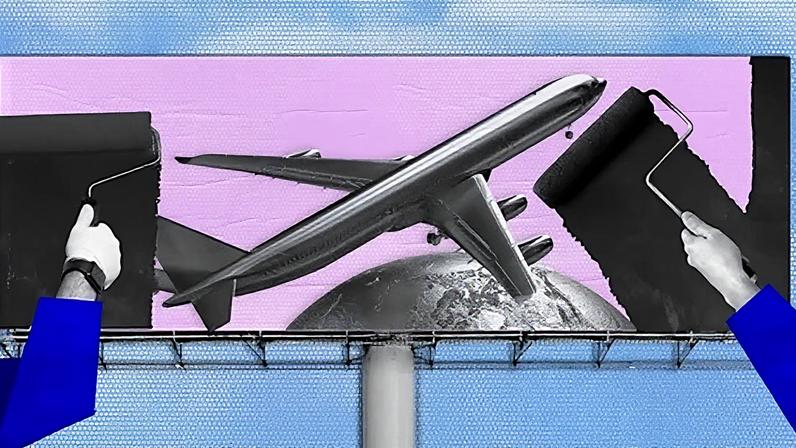 Serenity Strull / BBC An illustration showing a billboard with an airline advert being painted over with black paint (Credit: Serenity Strull / BBC)