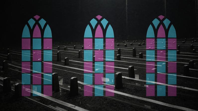 Church pews and pink and blue church windows.