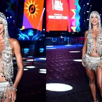Mari Gonzalez exibe look transparente e brilhante no Camarote Salvador