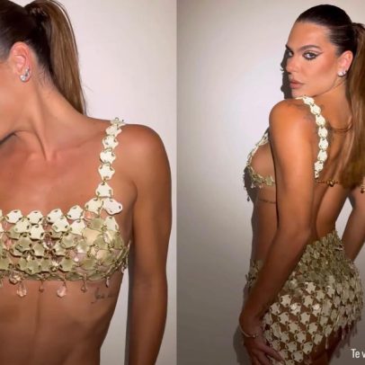 Marina Goldfarb exibe look dourado antes de desfilar pela Grande Rio