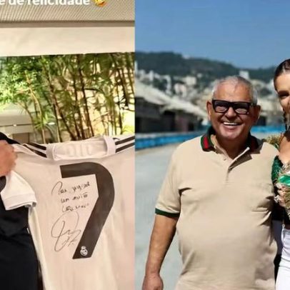 Virginia presenteia Jayder Soares com camisa autografada de Vini Jr