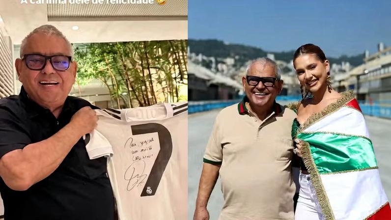 Virginia presenteia Jayder Soares, presidente da Grande Rio, com camisa autografada de Vini Jr.