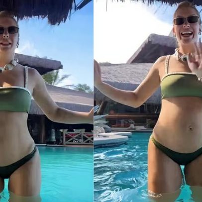 Lore Improta grávida dança na piscina no primeiro dia de férias