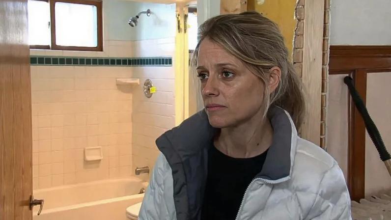 Nicole Curtis, the star of HGTV's "Rehab Addict," looking upset.