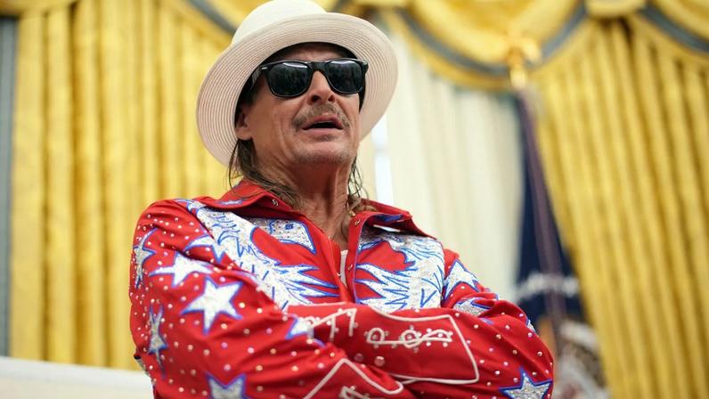 Kid Rock speaks alongside President Donald Trump in the Oval Office on March 31, 2025.