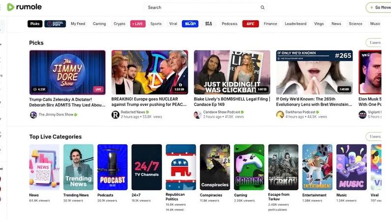 Rumble é uma plataforma de vídeos semelhante ao YouTube que passou a ser bastante popular entre conservadores nos EUA a partir de 2021 — Foto: Reprodução