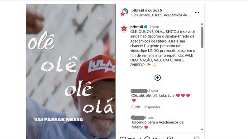 No Instagram, samba-enredo em homenagem a Lula aparece em postagem colaborativa entre a escola de samba Acadêmicos de Niterói e o Partido dos Trabalhadores (Foto: Reprodução/Instagram/PT)