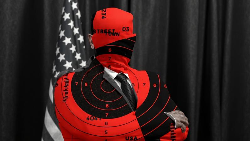 Collage of a public official's portrait cutout with a target grids and numbers